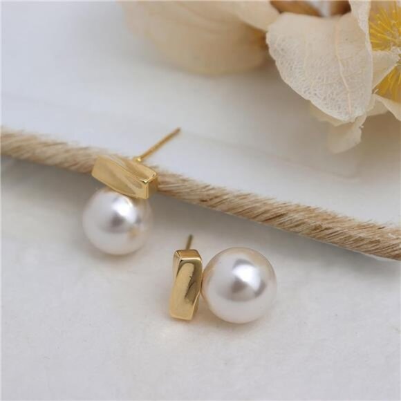 Small Square Gold Pearl Stud Earrings – 14K Gold Plated Hypoallergenic Jewelry - Picture 3 of 7
